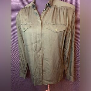 Vintage 80’s Sz 4 Liz Claiborne Army Green Shoulder Pads Peasant Blouse LS